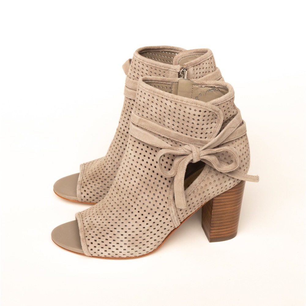 Beige suede/fabric Sam Edelman peep toe ankle booties, stacked heel, size 6.5